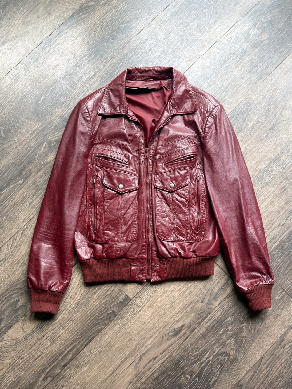 Men’s Small Motorcycle Jacket Burgundy Genuine Leather Multi Pocket Vintage